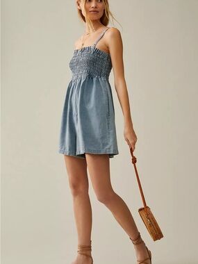 Pilcro Smocked Denim Romper Dress - Light Blue